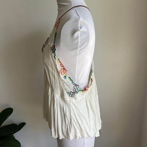 FREE PEOPLE ISLAND TIME FLORAL V NECK TANK TOP IVORY LEATHER STRAPS - Picture 4 of 6